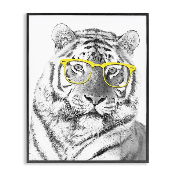 Stupell Industries Eclectic Monochrome Tiger Portrait Wearing Yellow Glasses Design Black Framed Giclee Art, 11 x 14, by Annalisa Latella