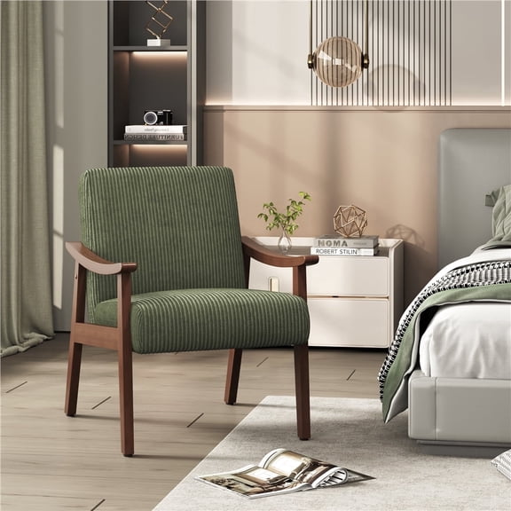 Yaheetech Set of 2 Mid-Century Modern Corduroy Upholstered Accent Armchairs, Dark Green
