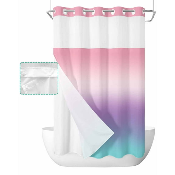 No Hook Shower Curtain with Snap in Liner, Purple Pink Teal Gradient Hotel Shower Curtains for Bathroom, Washable Shower Curtain Liner Set with Mesh Top Window, 36"x78"