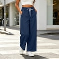 thumbnail image 6 of Women's Cotton Linen Pants Drawstring Elastic Waist Pockets, Solid Color Loose Soft Fit Casual Long Straight | VerBelle,Navy XL, 6 of 8