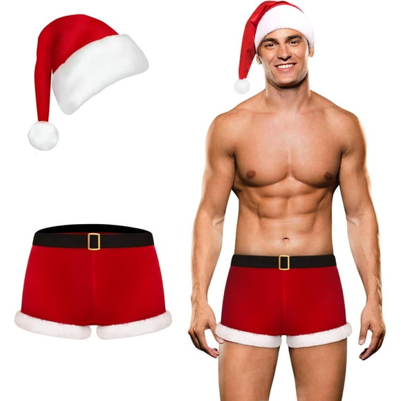 Mens Christmas Lingerie Set - Santa Boxer Gifts Men Red Briefs Holiday Shorts Costume Underwear Outfits 2PCS With Hat