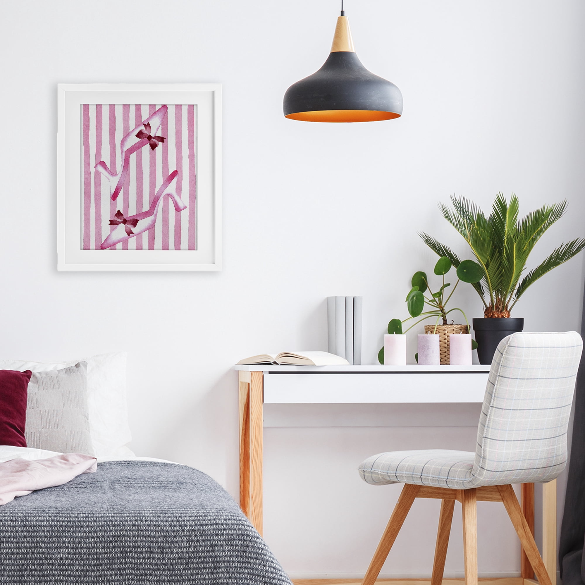 Stupell Industries Bow Heels on Pink Stripes White Framed Print Under Glass, design by Camila Juncos