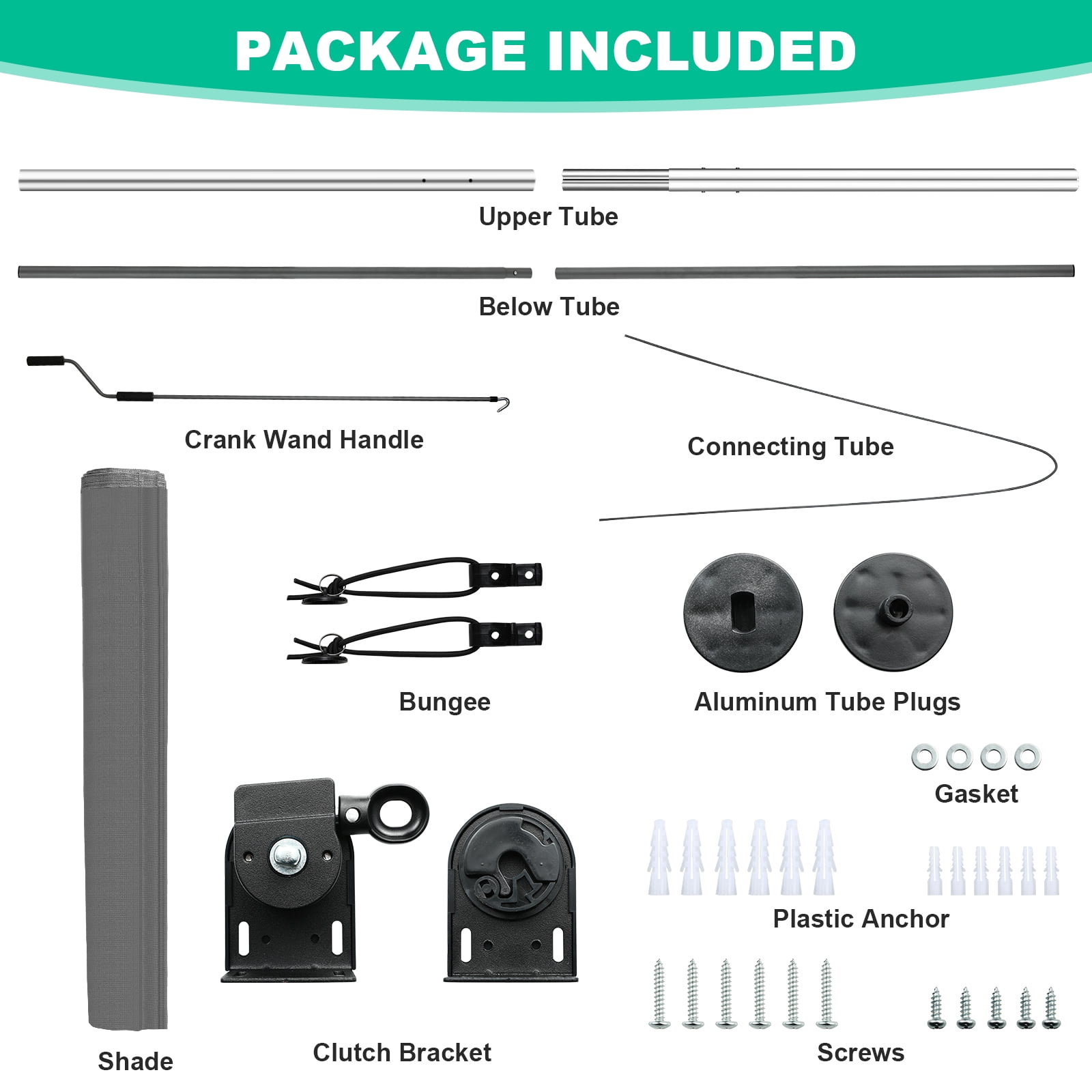 TLGREEN Outdoor Roller Sun Shade 8' x 8', HDPE Shade Cloth, Aluminum Tube (Gray)