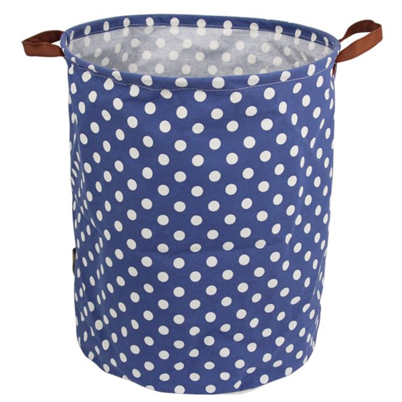 Jumbo Collapsible Canvas Laundry Hamper, Round, Navy White Dots