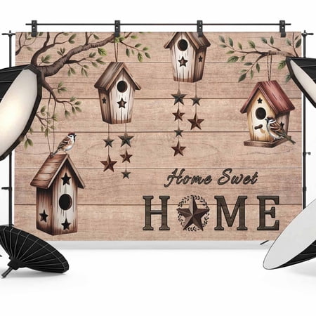 Bird Houses Photography Backdrop 8x6FT Sparrows Home Sweet Branch Star Brown Wood Grain Photo Backdrops Background for Photography Studio Photo Studio Background Back Drop for Photoshoot