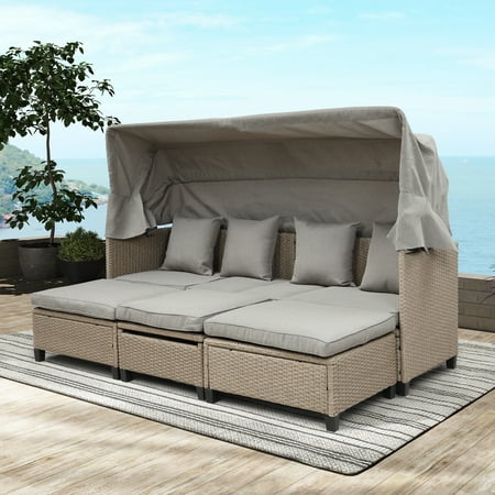 Outdoor Wicker Daybed 4 Piece Patio Wicker Sectional Sofa Set with Canopy Lifting Table UV-Proof PE Rattan Patio Conversation Furniture Sets with Cushions for Backyard Porch Garden Pool LLL184