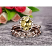 Milgrain Art Deco 3 Carat Champagne Diamond Moissanite Engagement Ring 10k Rose Gold 8x6mm Oval Cut Gemstone Promise Ring Trio Set Glaring Staggering Ring