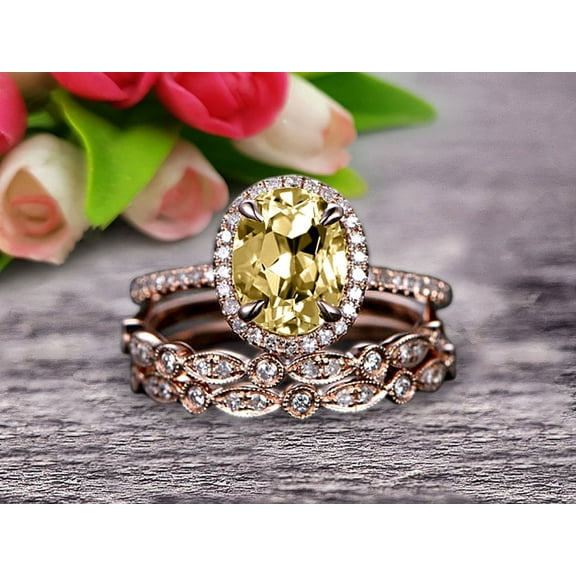Milgrain Art Deco 3 Carat Champagne Diamond Moissanite Engagement Ring 10k Rose Gold 8x6mm Oval Cut Gemstone Promise Ring Trio Set Glaring Staggering Ring