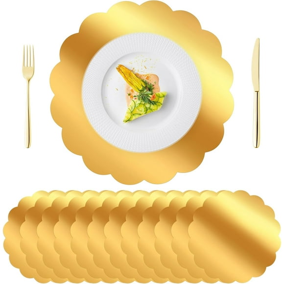 100 PCS Scalloped Gold Placemats, 13.5" Disposable Paper Placemats for Dining Table, Mirrored Gold Chargers Place Mats for Birthday Banquet, Disposable Placemats for Party Holiday Wedding