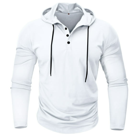 Jalioing Drawstring Hoodies for Men Casual Long Sleeve Button Hooded Sweatshirt Solid Basic Athletic Pullover