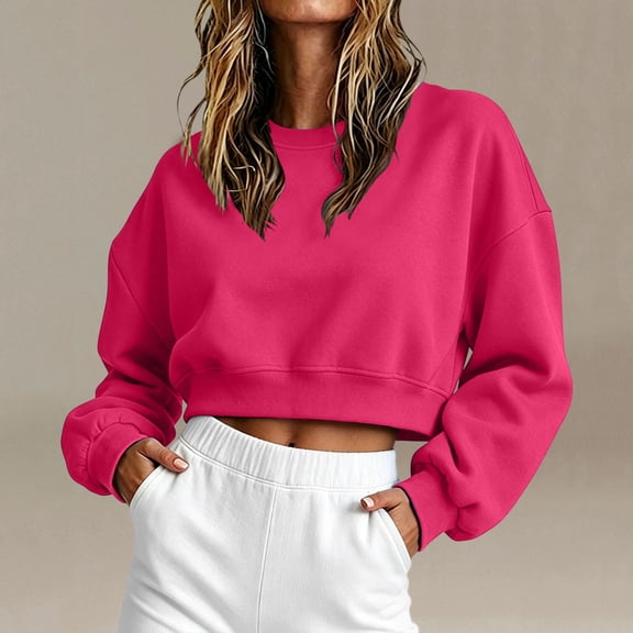 Women's Solid Cropped Crewneck Sweatshirt Oversized Loose Long Sleeve Fleece Pullover Loungewear Tops XXL