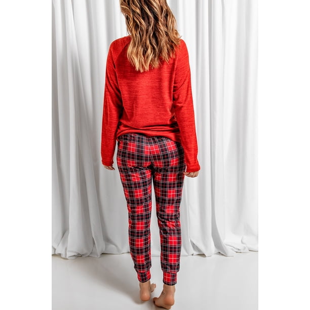 ABPHQTO Ropa de estar por casa de dos piezas con estampado de tartán rojo Feliz Navidad para mujer