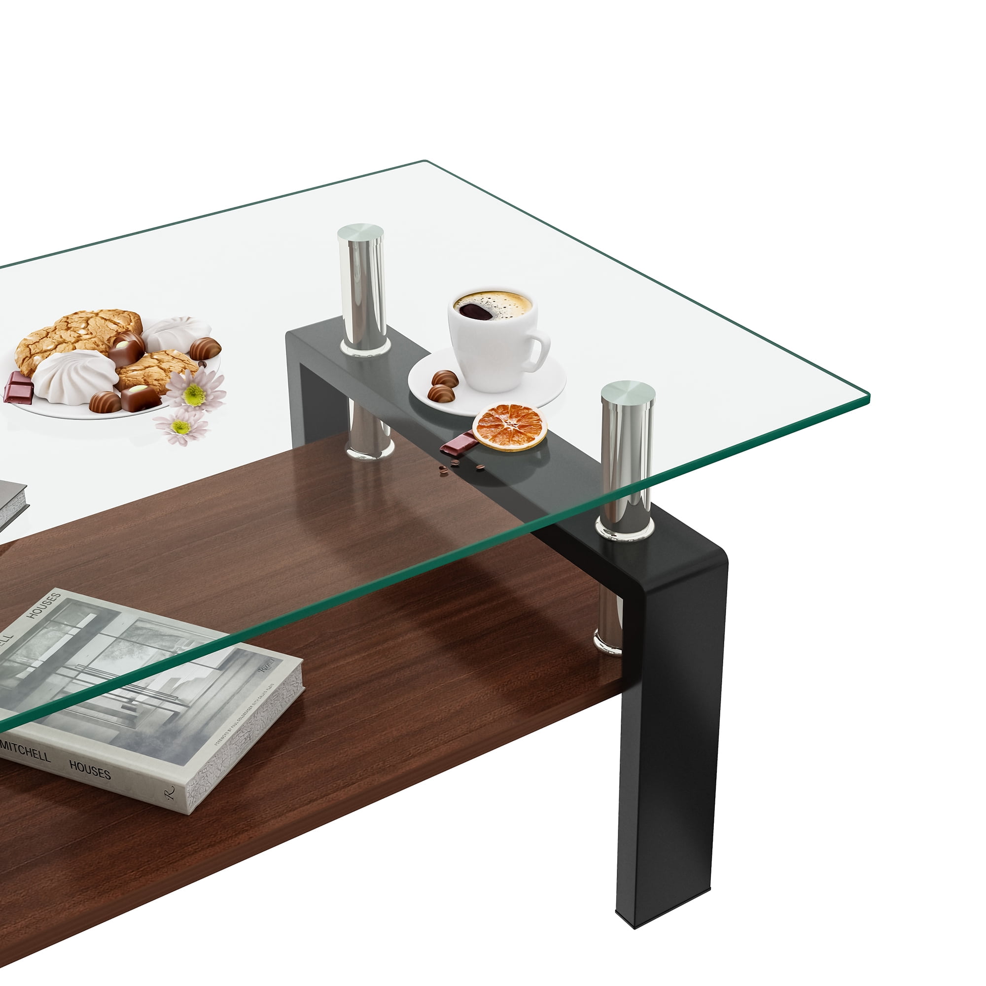 Euroco Rectangle Coffee Table, Tempered Glass Tabletop with MDF Layer, Modern Table for Living Room , Transparent Glass