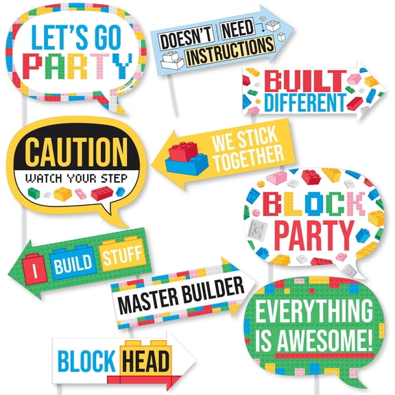 Big Dot of Happiness Funny Building Blocks Photo Booth Props Kit, Sayings & Puns for Building Bricks Themed Decorations, Colorful Birthday Party Supplies - 10 Count Selfie Prop Sticks
