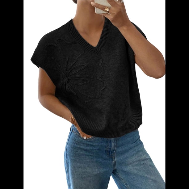 Tops Florales Bonitos de Corta para Mujer, con Decoración de Flores 3D, de Punto, Sueltos, para , Otoño y Verano 2025 Negro XL