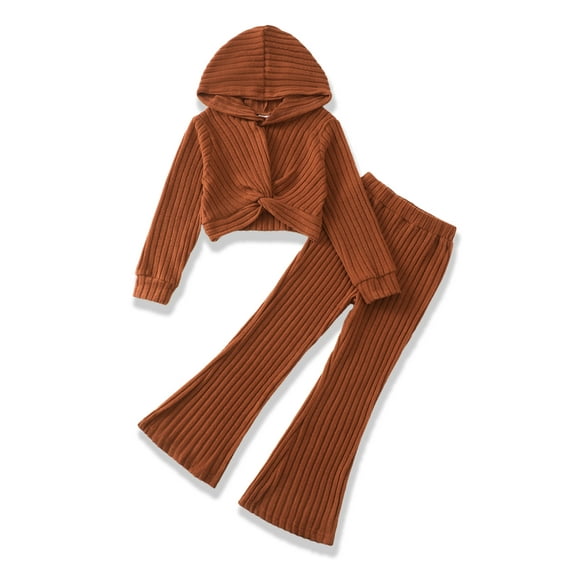 Girls Outfits Size 11-12 Fall Winter Brown Hoodie Tops Long Sleeve and Flare Pants Sets Sweatsuits Girl Clothes 11-12 Year