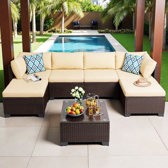 7 Piece Outdoor Furniture Set, Lofka Patio Conversation Set with Coffee Table, 2 Ottomans for Garden Backyard Poolside, Beige Cushions