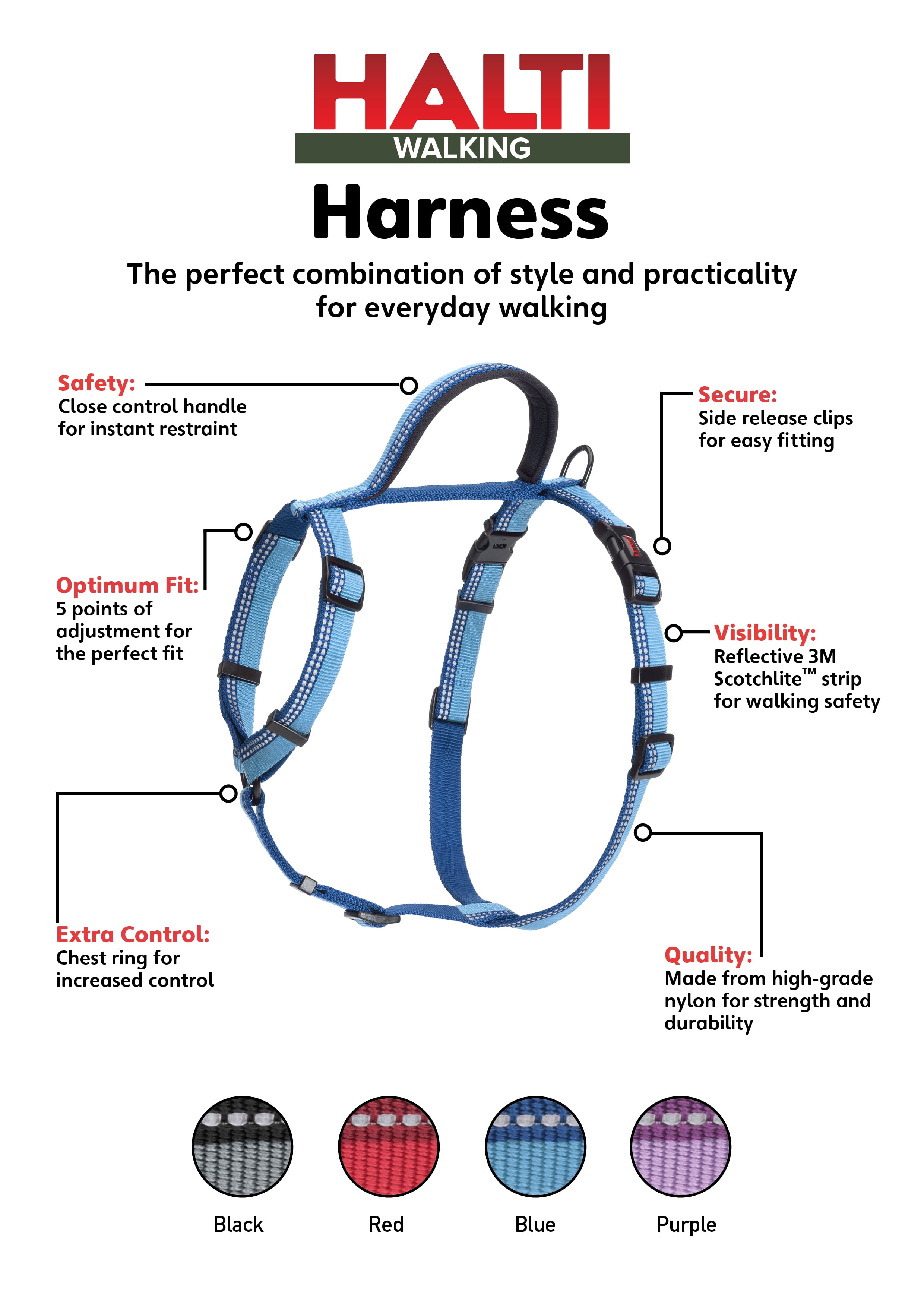 HALTI Nylon Dog Walking Harness, Medium, Blue (Chest 22" - 30")