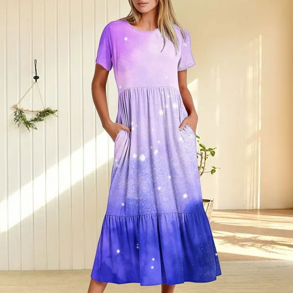 Wycnly Summer Dresses for Women Wedding Guest Dresses for Women Loose Flowy Pleated Ruffle Swing A-Line Long Dress with Pocket Women Vintage Gradient Print Round Neck Short Sleeve Maxi Sun Dresses