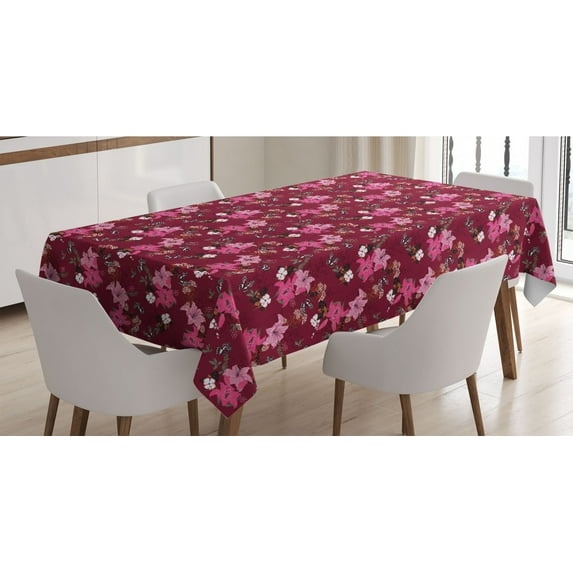 Floral Tablecloth, Romantic Design of Lilies Butterflies and Other Flowers Vintage Garden Art, Rectangle Satin Table Cover for Dining Room and Kitchen, 60" X 90", Maroon Multicolor, by Ambesonne