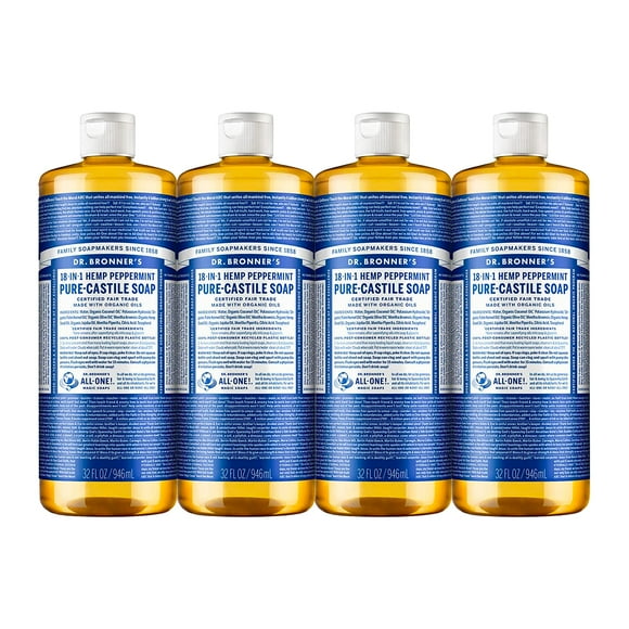 Dr. Bronner's - Savon Liquide Pur-Castile (Menthe Poivrée, 32 Onces, Lot de 4) - Fabriqué avec des Huiles Biologiques, 18-en-1 Utilisations : Visage, Corps, Cheveux, Lessive, Animaux & Vaisselle, Concentré, V