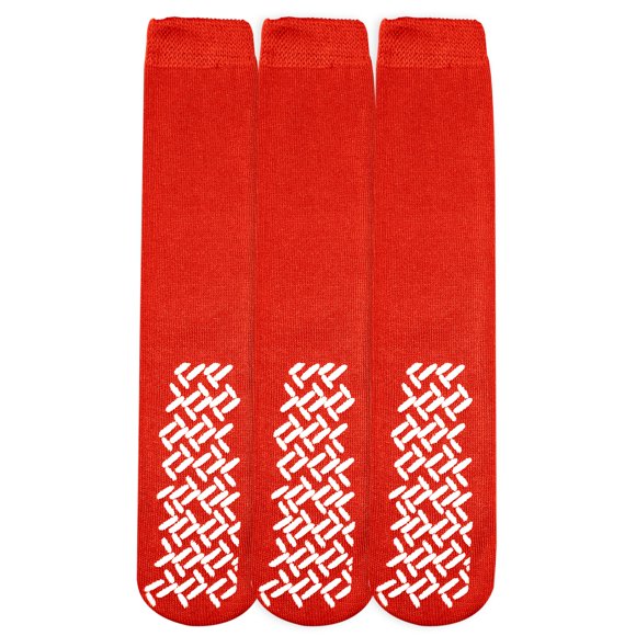 Personal Touch Top of the Line Mid-Calf Hospital Slipper Socks, for Adults and Designed for medical hospital patients,(Pack of 3 Red)