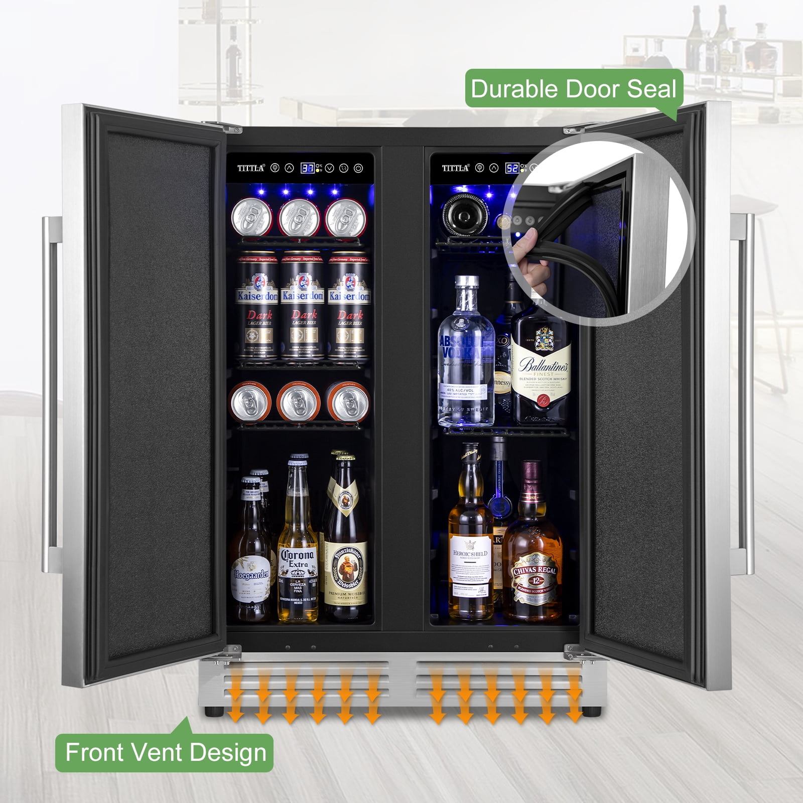 TITTLA  Beverage Refrigerator,24 Inch Wide,Dual Zone 120 Cans Built in Wine Fridge Cooler,Double Stainless Steel Doors