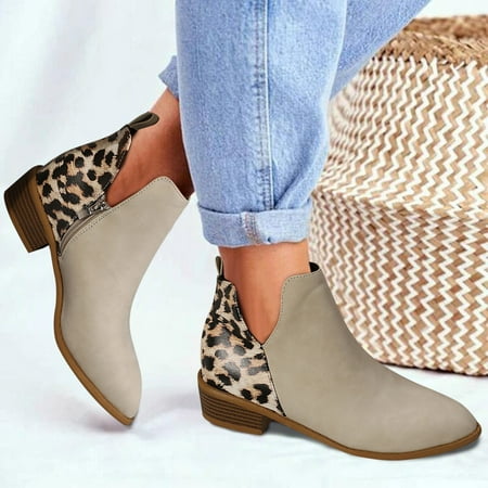 

ERTUTUYI Ladies Vintage Leopard Print Patchwork Leather Pointed Side Zipper Heel Fashion Ankle Boots Beige 42