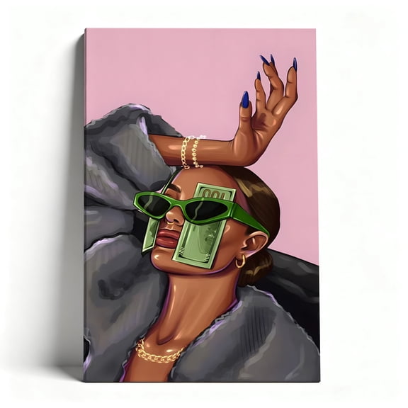 Money Vision Green Sunglasses Woman Canvas Wall Art, Bold Luxury Pop Art Decor, Glam Fashion Black Girl Artwork For Bedroom, Bathroom, Living Room, Office, Ready To Hang 8*12inch(20*30cm)
