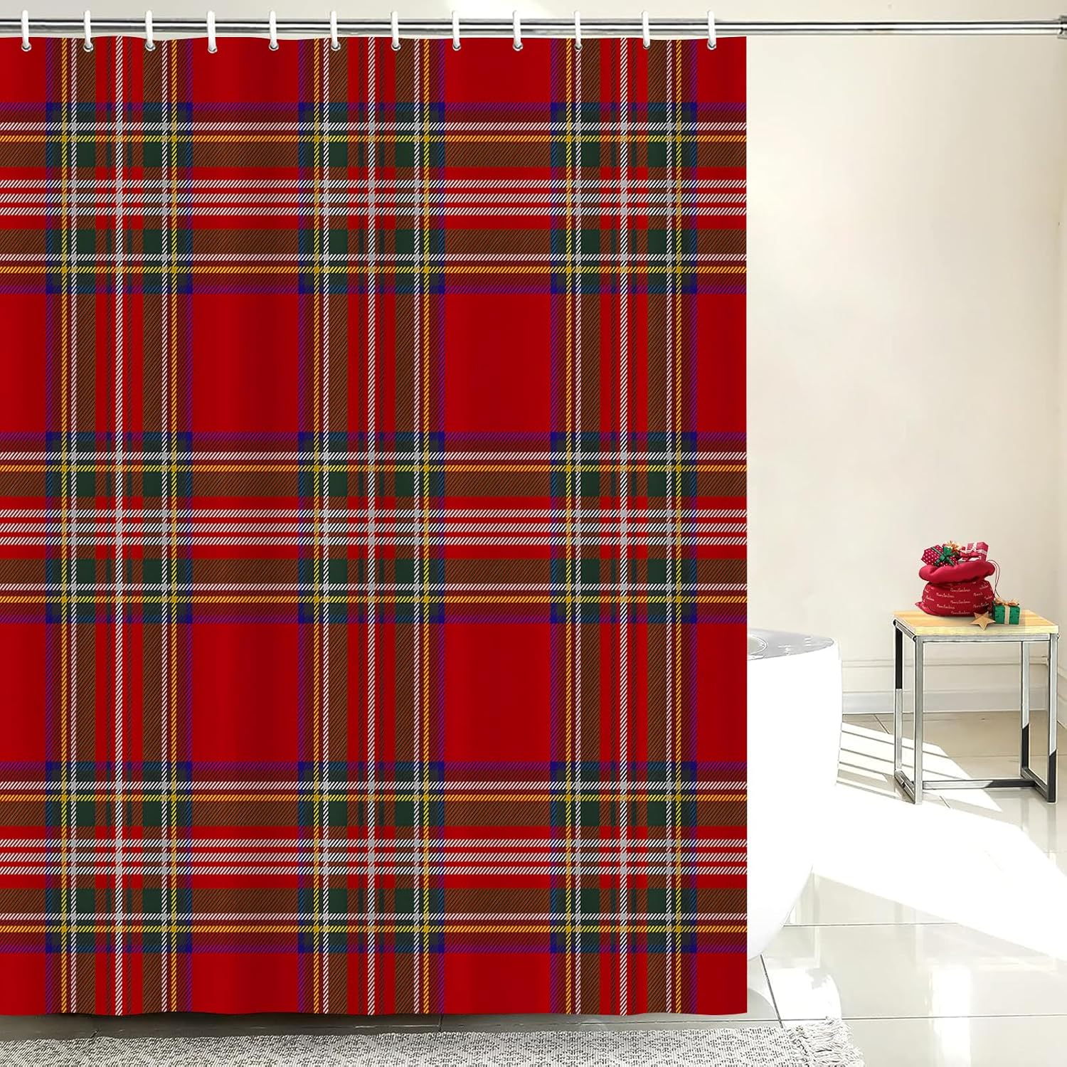 Christmas Plaid Shower Curtain Scottish Tartan Farmhouse Bathroom Shower Curtains for Bathtub Decoration with Hooks 72x72 Inch, Red and Green