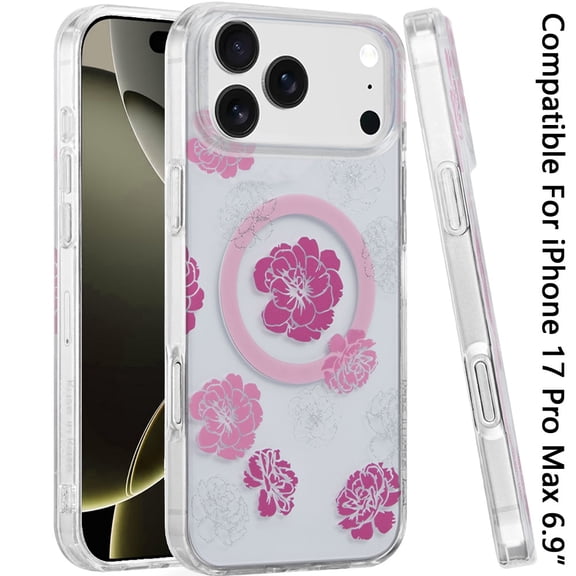 Phone Case for Apple iPhone 17 Pro Max (6.9") Shockproof Dual Layer TPU IMD Print Rugged Anti-Slip Grip Drop Protection Scratch Resistant Slim Cover [Hot Pink Flower]
