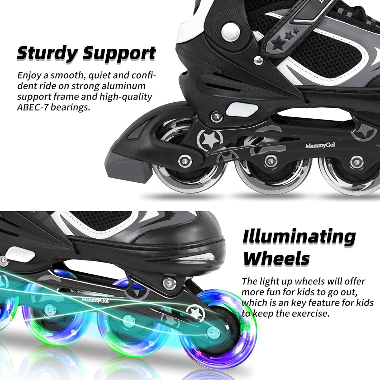 MammyGol Adjustable Inline Skates with Light-Up Wheels for Boys Girls Outdoor Sports, Comfort Youth Kids Skates Black 4-6
