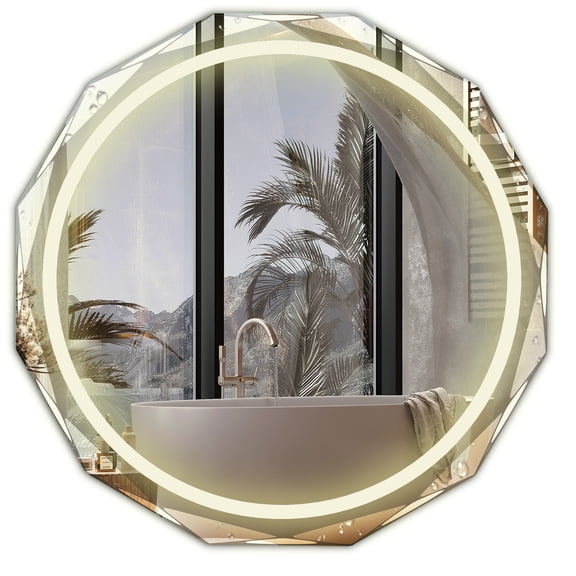 AUKTOPT 24'' LED Beveled Edge Bathroom Vanity Mirror, Anti-fog, Wall Mounted Mirror, Round
