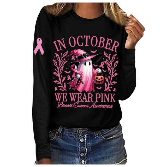 HNMKIU Women's Halloween Cancer Awareness Long Sleeve T-Shirt October Ribbon Support Tee Black,S