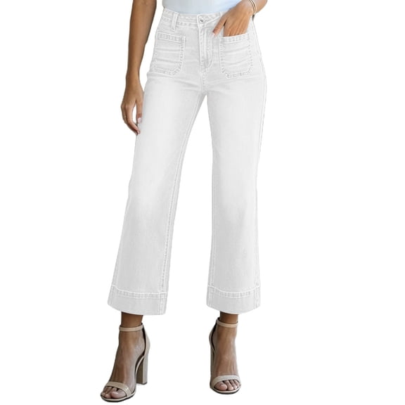 SAWOBUUN Women Wide Leg Jeans High Waisted Vintage Washed Stretchy Loose Denim Pants with Front Patch Pockets
