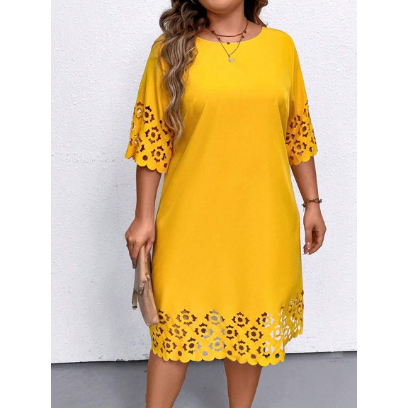 Yellow Plus Size Casual Hollow Out Dress With Scalloped Lace Trim, Relaxed Fit A-Line Shift Style