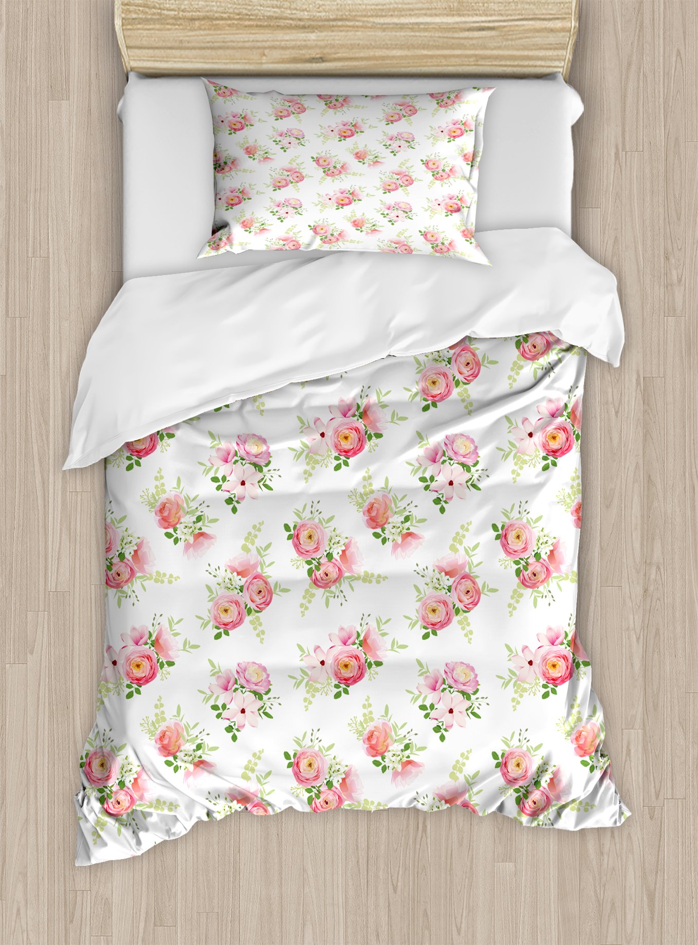 Shabby Chic Duvet Cover Set, Nostalgic Themed Bunch of Magnolia Buds