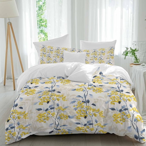 Yellow Flower Queen Size Comforter Set, Watercolor Blue Leaf Vintage Plant Bedding for All Seasons, 4 Pcs Bed Set, 1Quiltcover (90"x92") ,1Sheet(94"x116"), 2Pillowcases (30"x20")