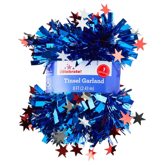 Star Tinsel Garland, Red/Silver/Blue, 8', Patriotic by Way To Celebrate