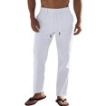 thumbnail image 3 of Men's Simple Casual Elastic Waist Drawstring Straight Leg Linen Pants White M, 3 of 10