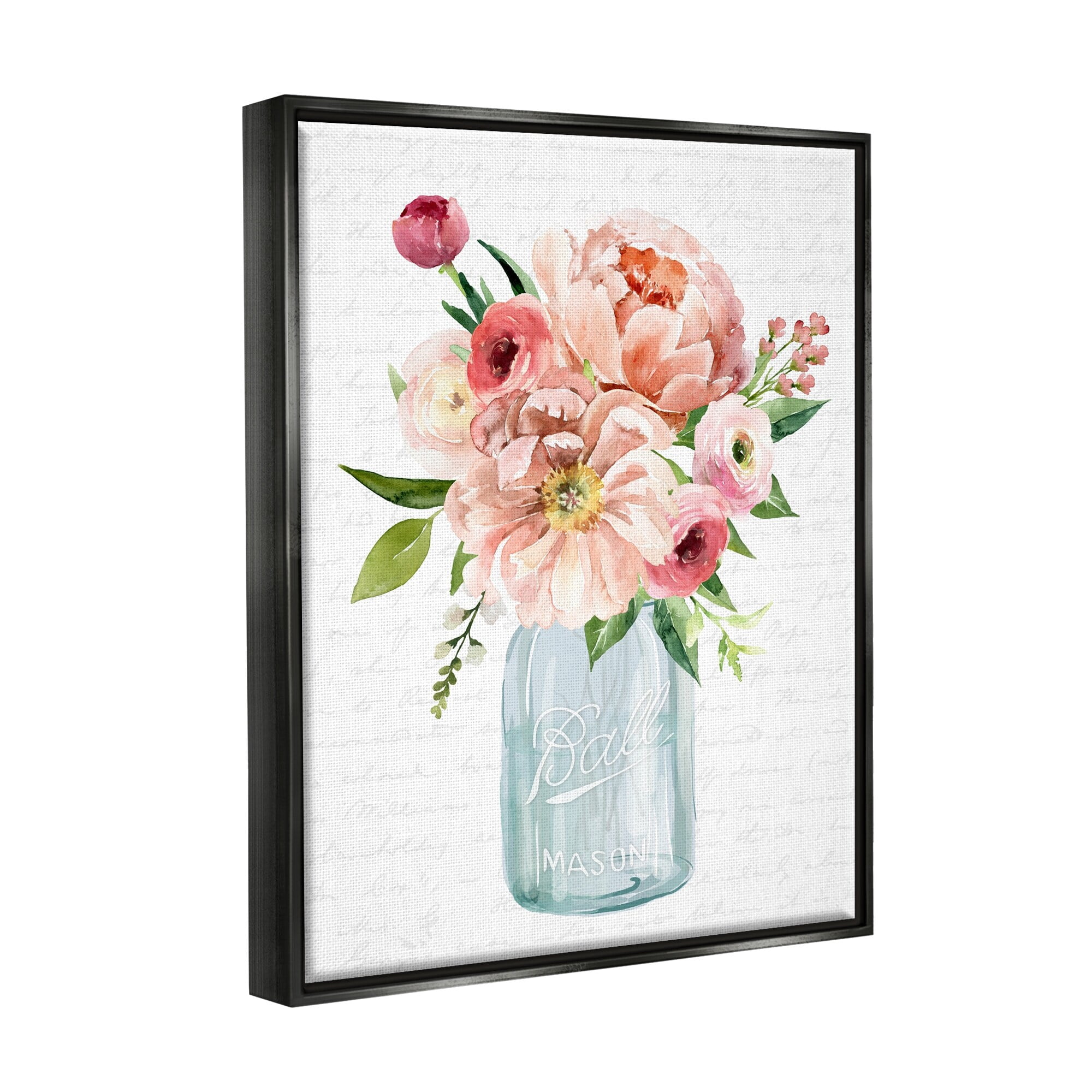 Stupell Industries Pink Peony Flowers Jar Arrangement Script Pattern Graphic Art Jet Black Floating Framed Canvas Print Wall Art, Design by Lettered and Lined