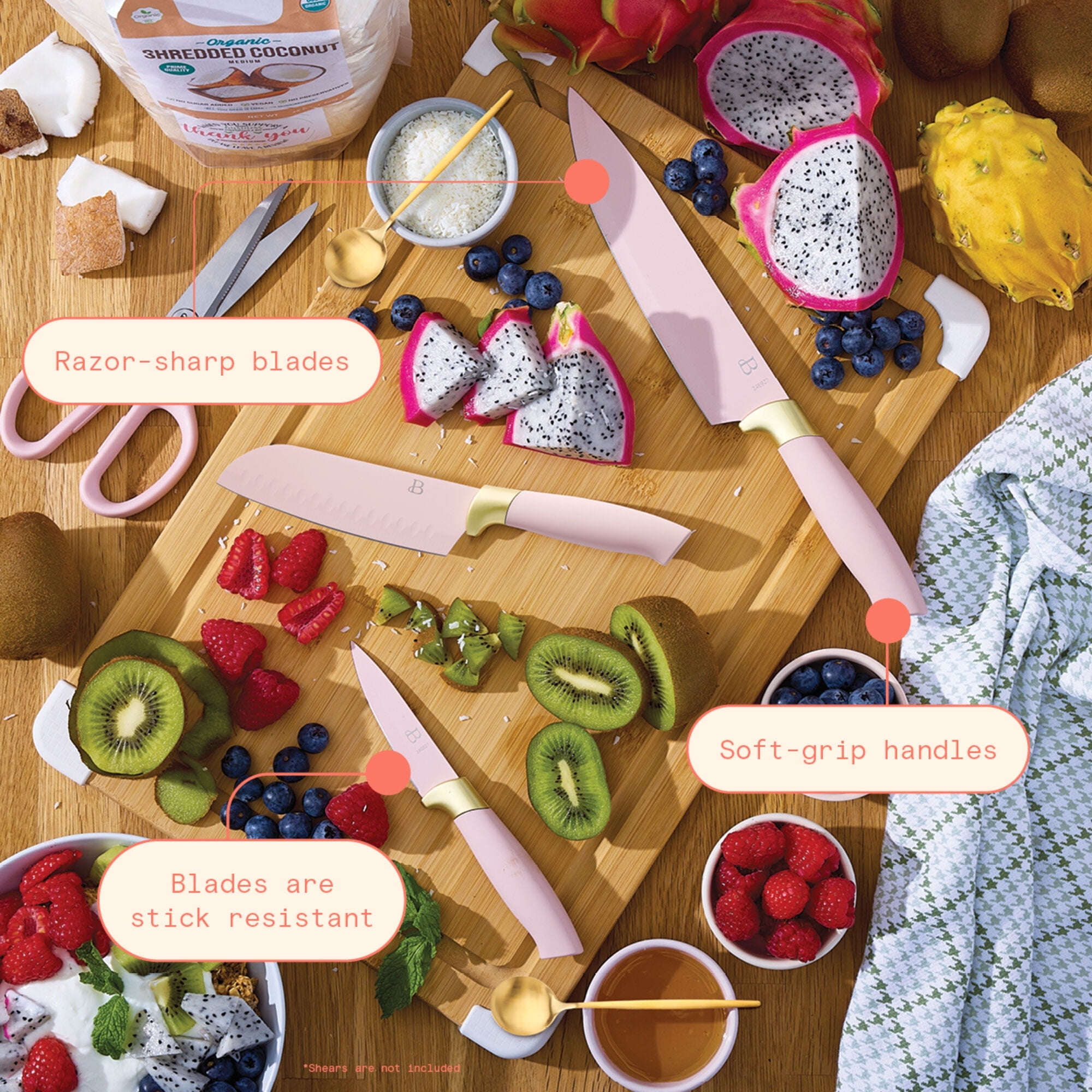Beautiful 6-Piece Soft Grip Knife Set Rose with Gold Accent by Drew Barrymore