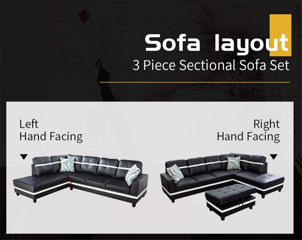 Ainehome Furniture Leather Sectional Sofa, 3 Piece L Shaped Living Room Couch Sets with Chaise Storage Ottoman and Pillows
