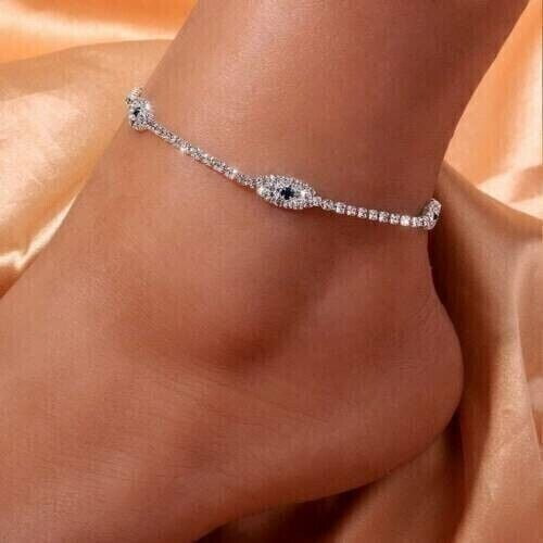 2Ct Round Cut Lab Created Diamond Evil Eye Women's Anklet 14K White Gold Plated Sterling Silver