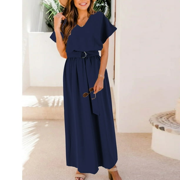 Puntoco Vestido De Manga Corta Con Cuello En V, Vestido De Tiras Con Cuello En V De Manga Corta De Primavera Y Verano Para Mujer De Moda Azul Marino M