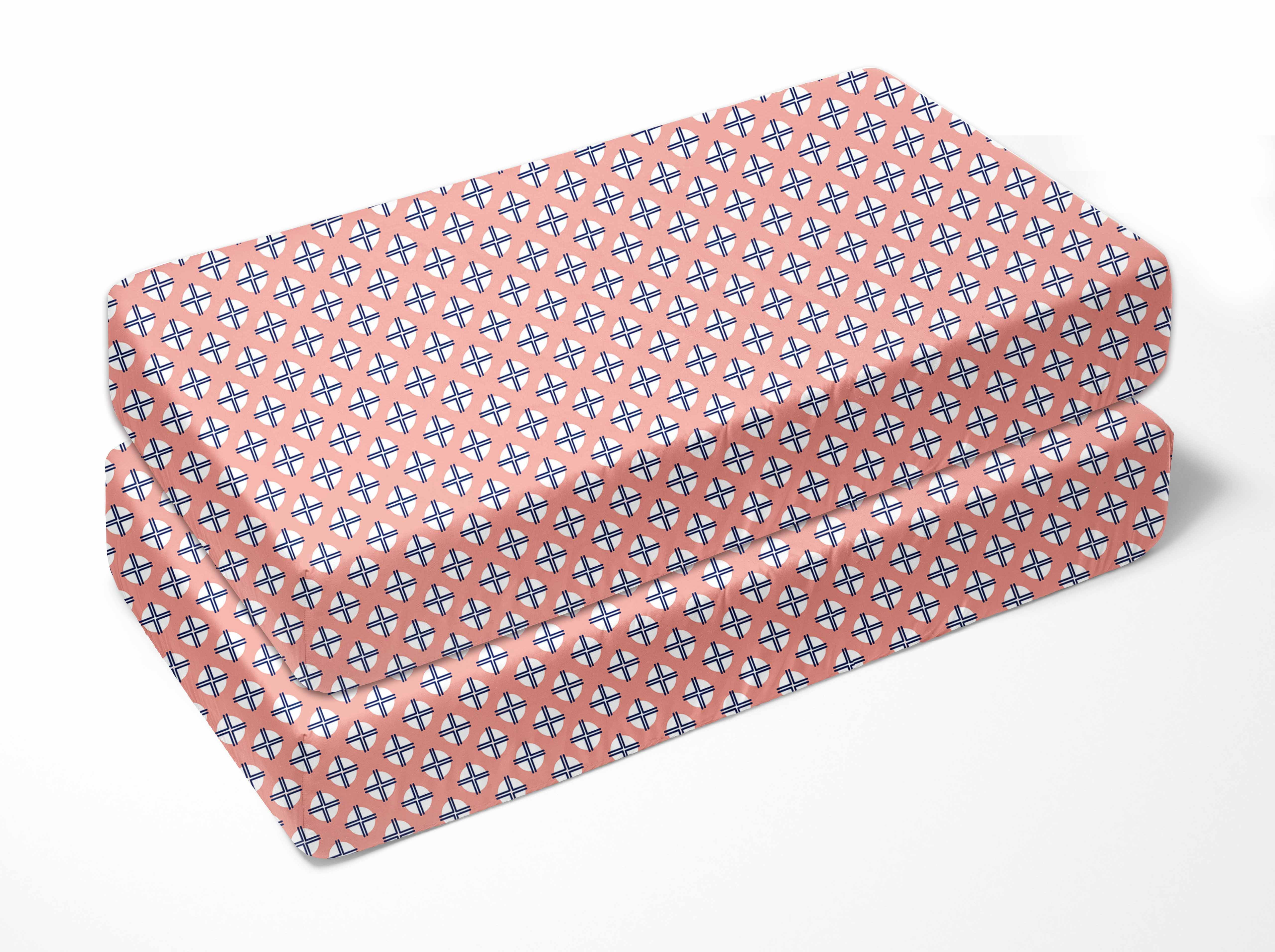 Bacati Olivia Tribal Dots Cross Coral Navy Crib Fitted Sheets 2 ct Package