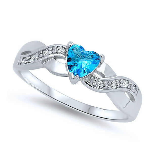 Men Women Sterling Silver Heart Light Blue CZ Color Stone Promise Ring ...