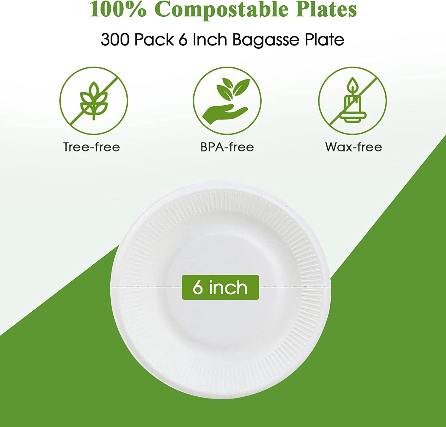 100% Compostable Small Paper Plates, 300 Pack 6 Inch Disposable Paper Plates, Uncoated Biodegradable, Made of Sugar Cane Fibers, Perfect for Sandwich, Cake, and Snack