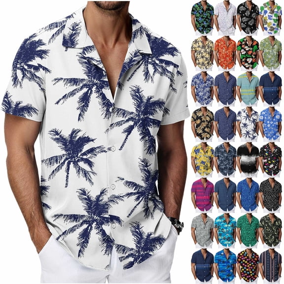 LODIENY Mens Button Down Hawaiian Shirts Casual Summer Tropical Pattern Print Short Sleeve Beach Vacation Tees Tops Lightweight Collared Holiday Party Tshirts Multicolor#10 XL