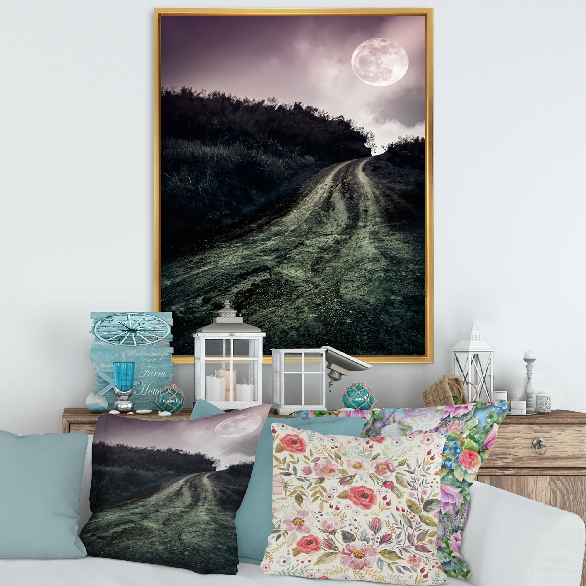 Designart 'Countryside Muddy Road Under Full Moon' Modern Framed Canvas Wall Art Print